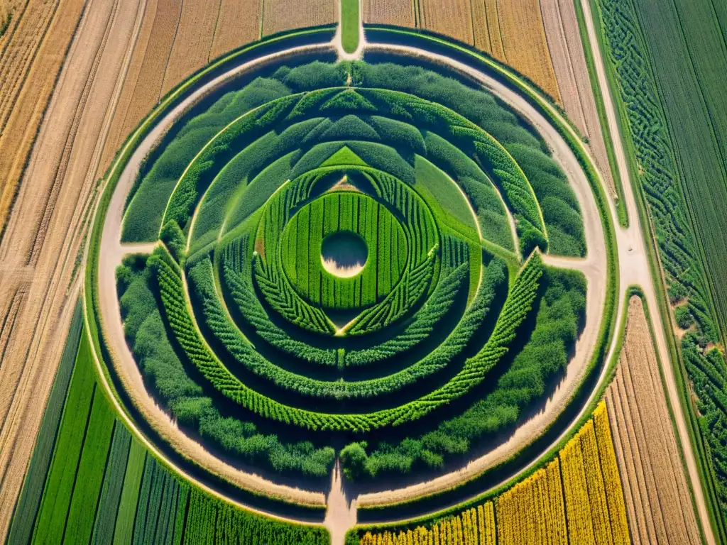 Un misterioso crop circle en un campo de trigo con patrones geométricos, rodeado de curiosos investigadores