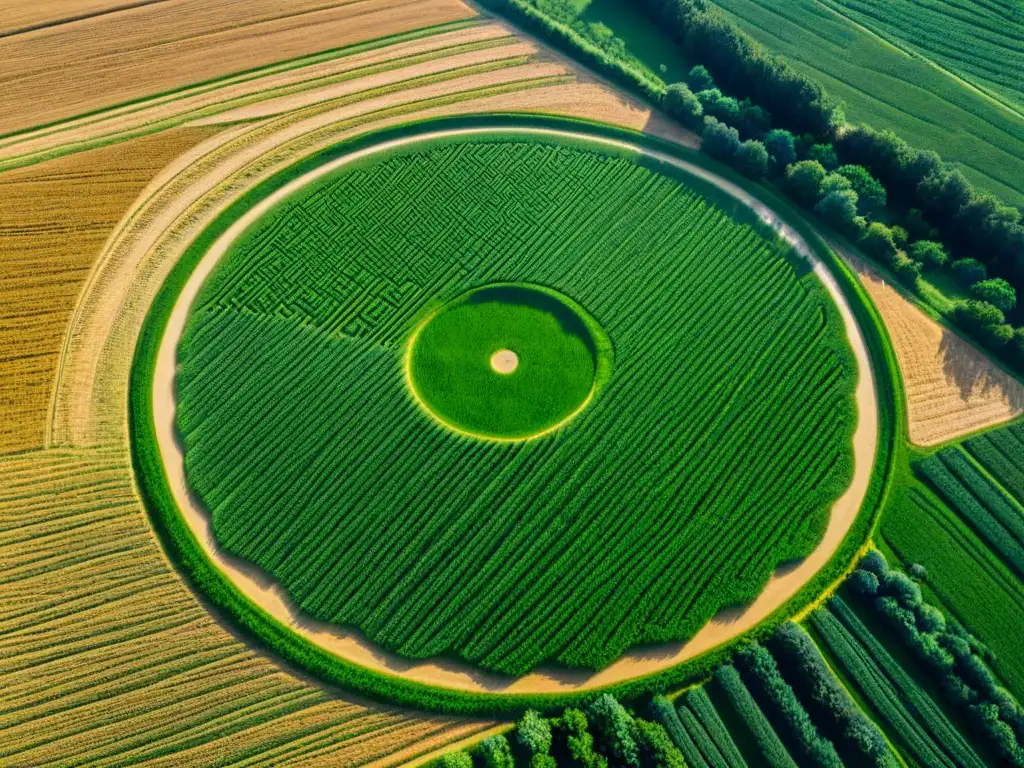 Misterioso crop circle en campo de trigo, con patrones geométricos precisos y sombras por la luz solar