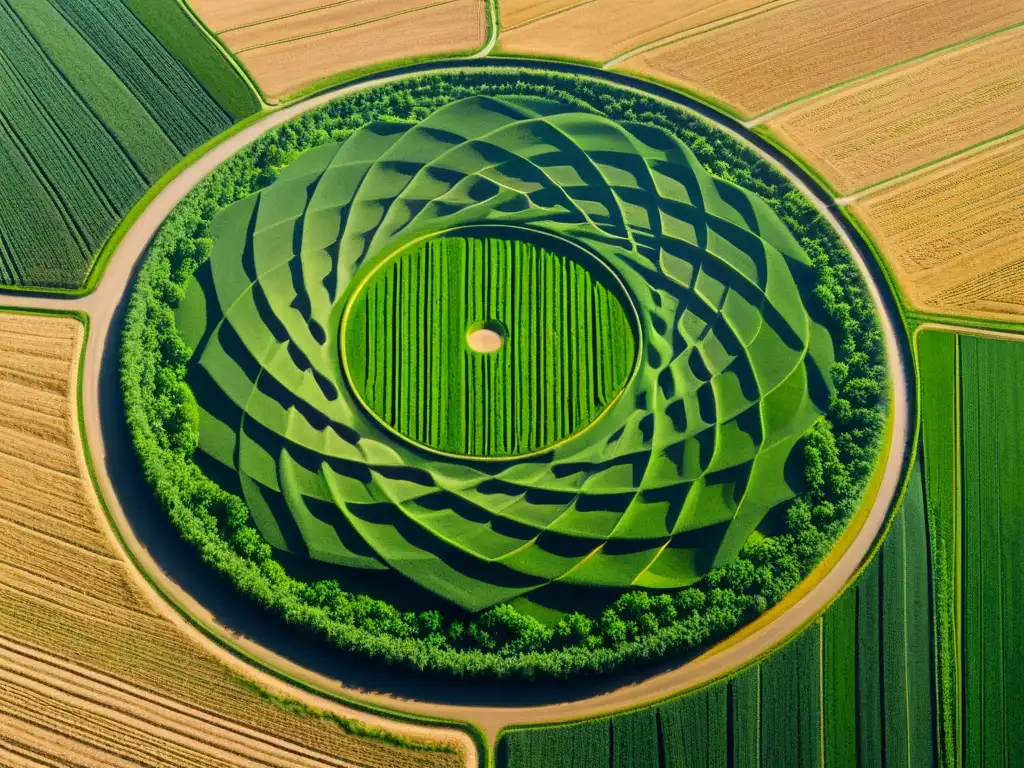 Misterioso crop circle en campo vasto, con patrones geométricos y verde exuberante