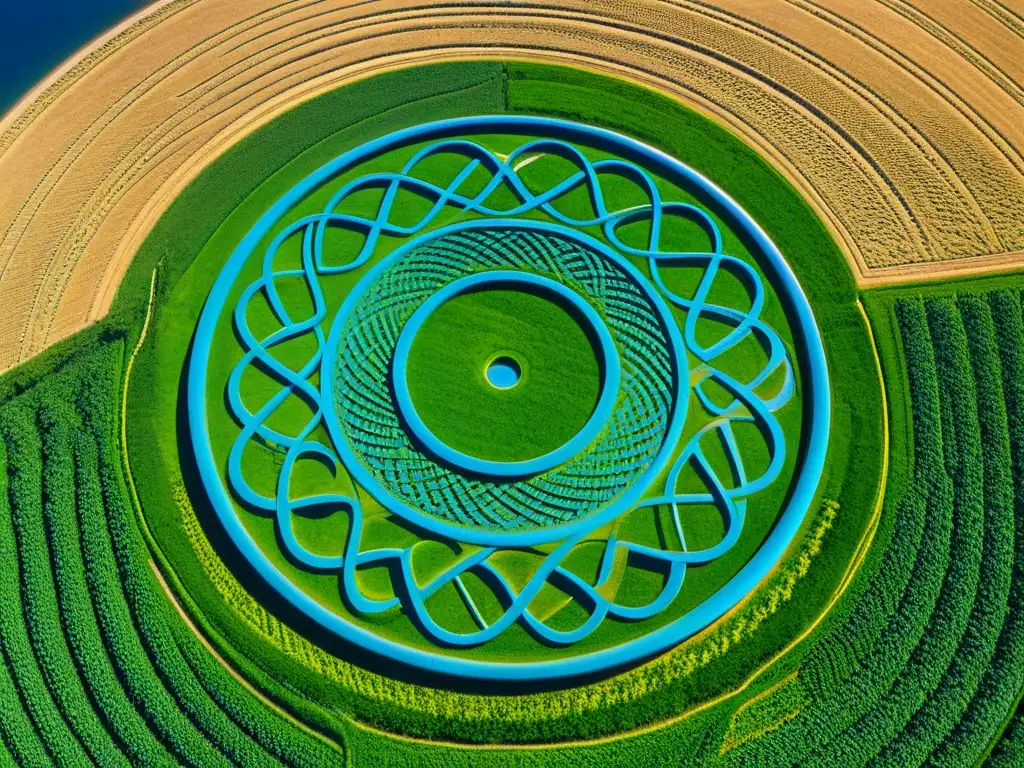 Un misterioso crop circle en un campo verde rodeado de símbolos y formas geométricas, evocando sociedades secretas influencia historia misterios