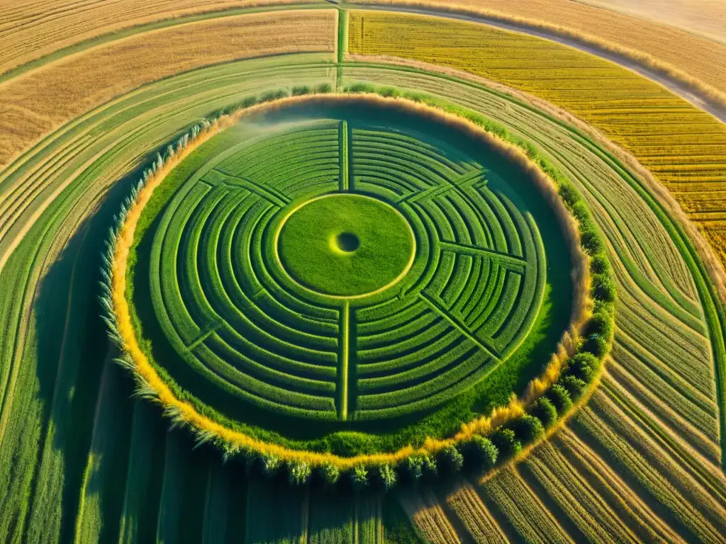 Misterioso círculo de cosechas en campo dorado, rodeado de neblina, con patrones geométricos precisos