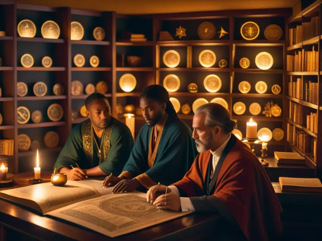 Un misterioso círculo Rosacruz inmerso en el estudio de los Principios de Astrología, rodeado de símbolos y textos antiguos, iluminado por velas