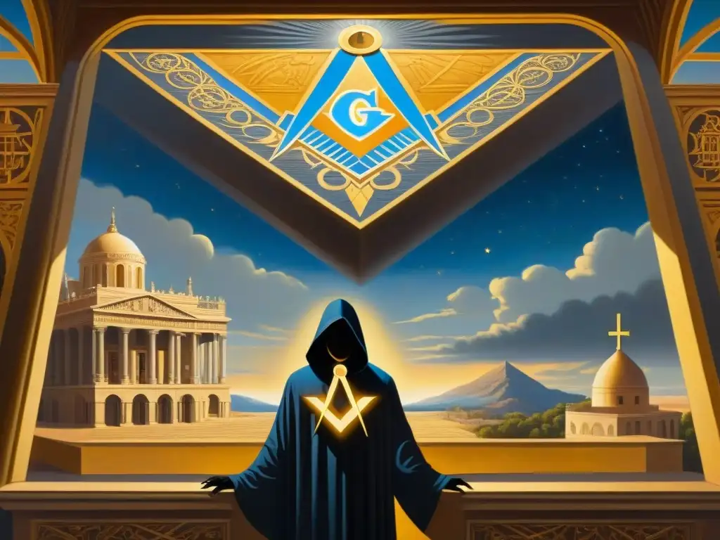 Un misterioso cuadro de arte moderno con símbolos masónicos, donde una figura iluminada revela secretos