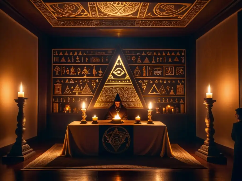 Un misterioso cuarto decorado con símbolos Illuminati, donde una figura encapuchada se encuentra junto a un altar iluminado por velas