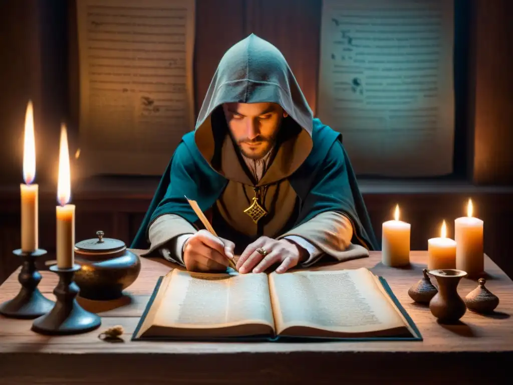 Un misterioso cuarto iluminado por una vela, con símbolos y artefactos antiguos en una mesa de madera