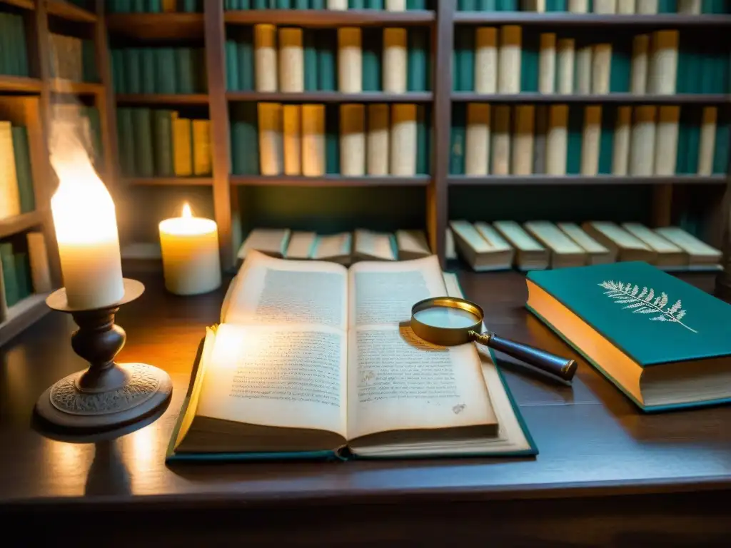 Explorando el Misterioso Voynich Manuscript en una Antigua Biblioteca Un misterioso cuarto iluminado por una vela, con antiguos manuscritos y el Manuscripto Voynich