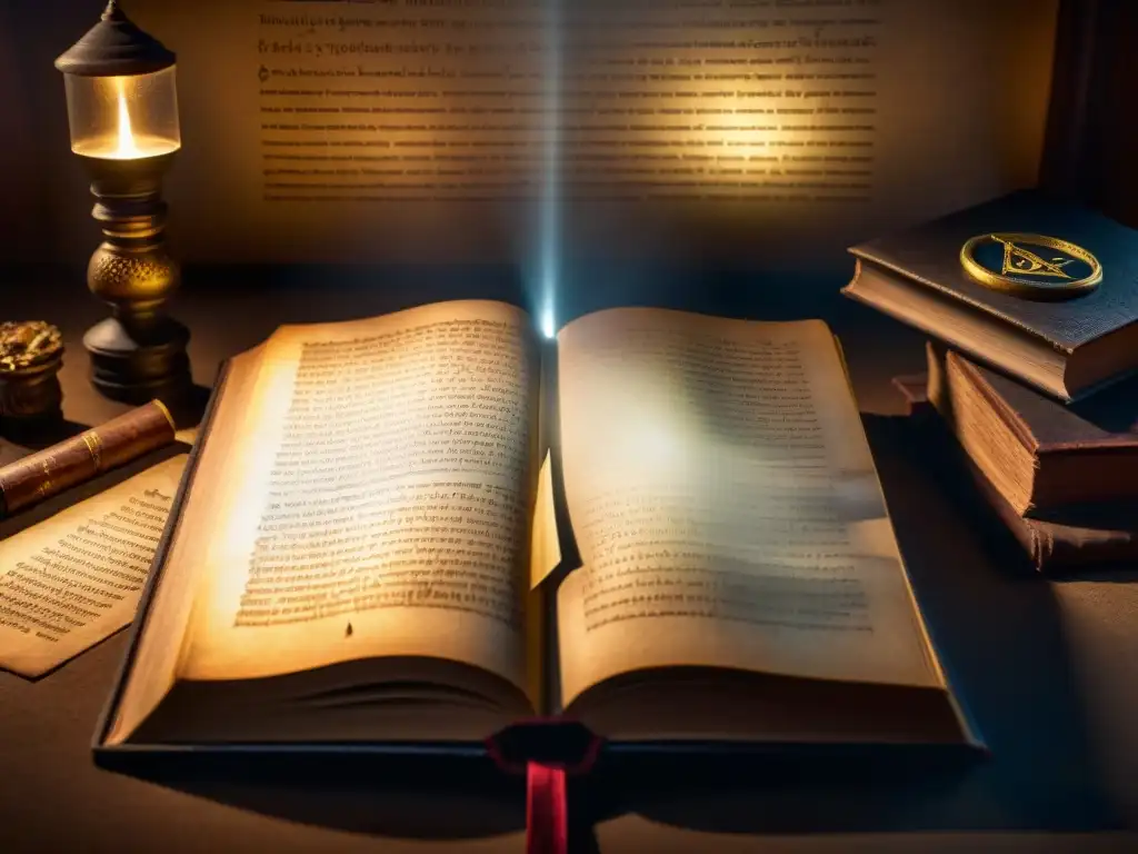 Un misterioso cuarto lleno de manuscritos antiguos y artefactos de sociedades secretas en el entretenimiento, iluminado por un rayo de luz revelador