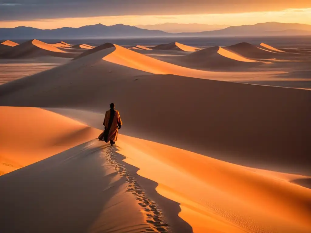 Un misterioso desierto al atardecer, con dunas altas y un cielo naranja