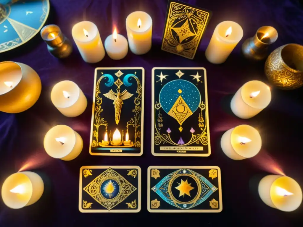 Un misterioso y detallado esquema de cartas del tarot sobre terciopelo, iluminado por velas en una atmósfera de misticismo