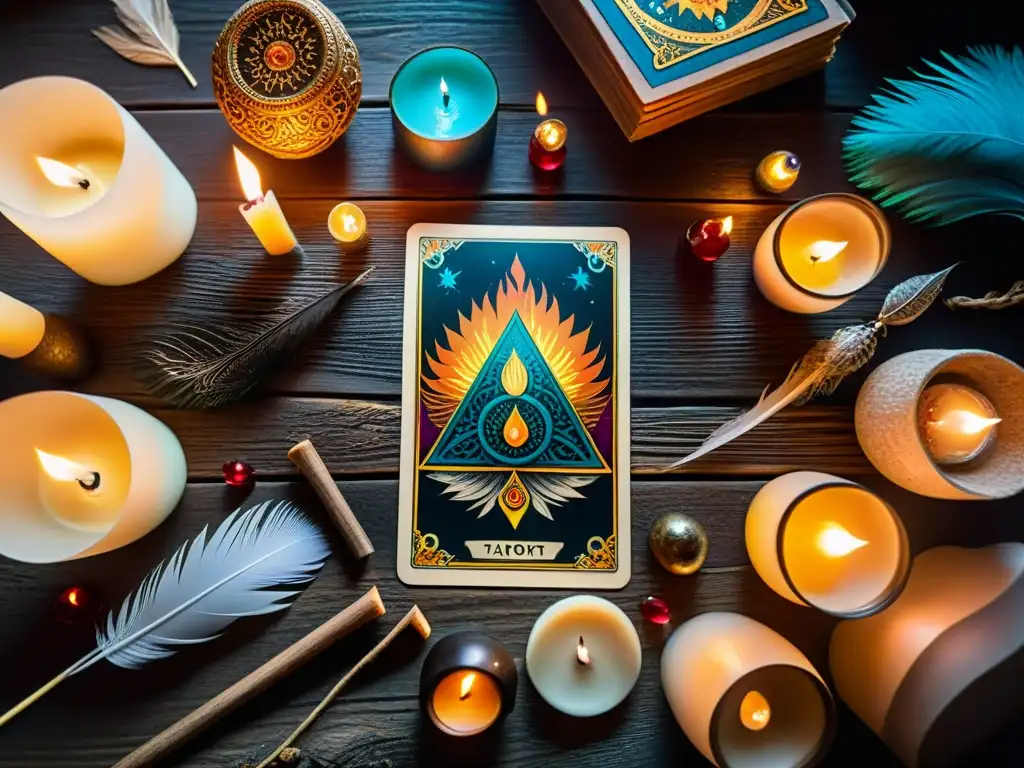 Un misterioso y detallado spread de cartas del tarot en una mesa de madera antigua, rodeado de velas y objetos místicos