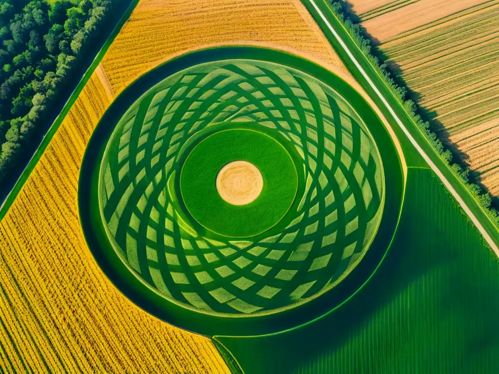 Un misterioso diseño de crop circles en un extenso campo de trigo, destacando la intrincada geometría y la belleza inexplicable