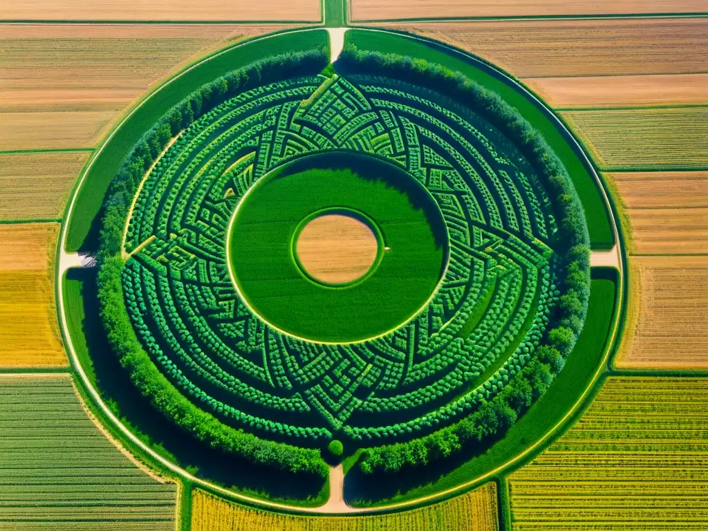 Un misterioso diseño de crop circles en un campo, con luz y sombras que resaltan su precisión geométrica