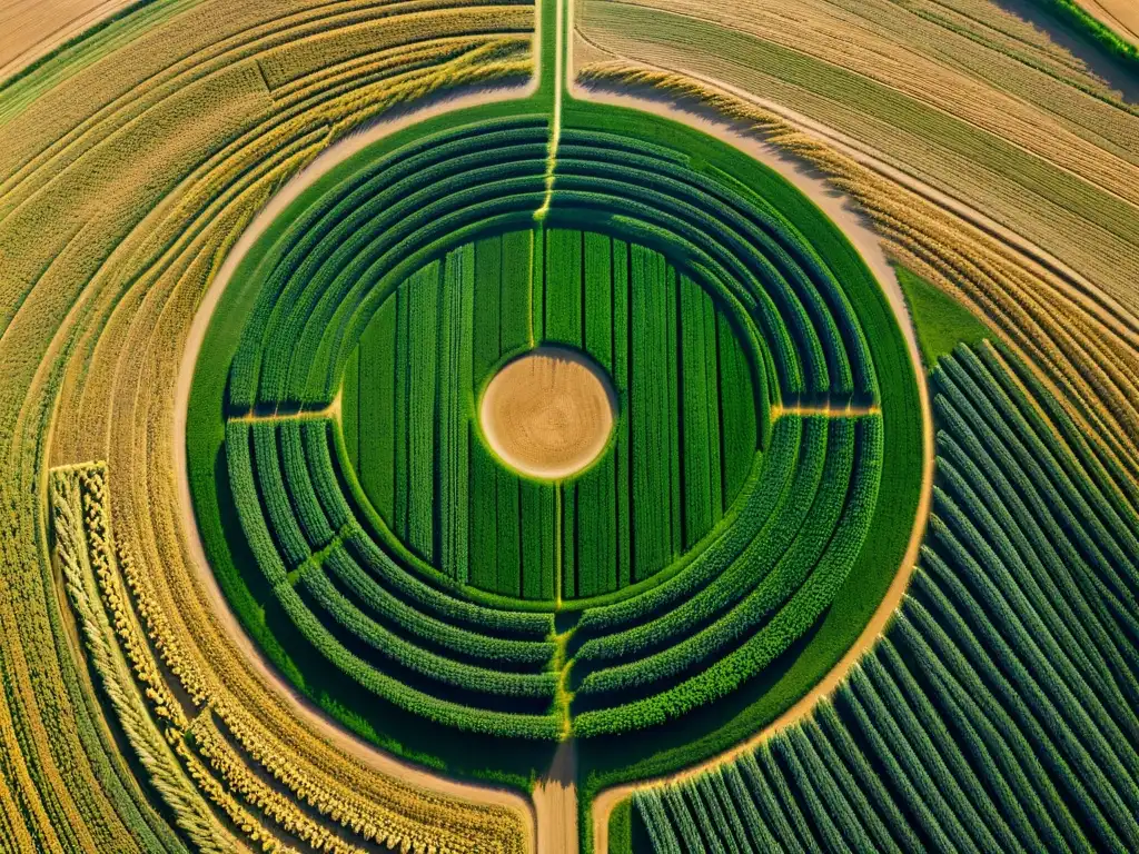 Misterioso diseño de Crop Circles en campo de trigo con patrones geométricos precisos y sombras dramáticas