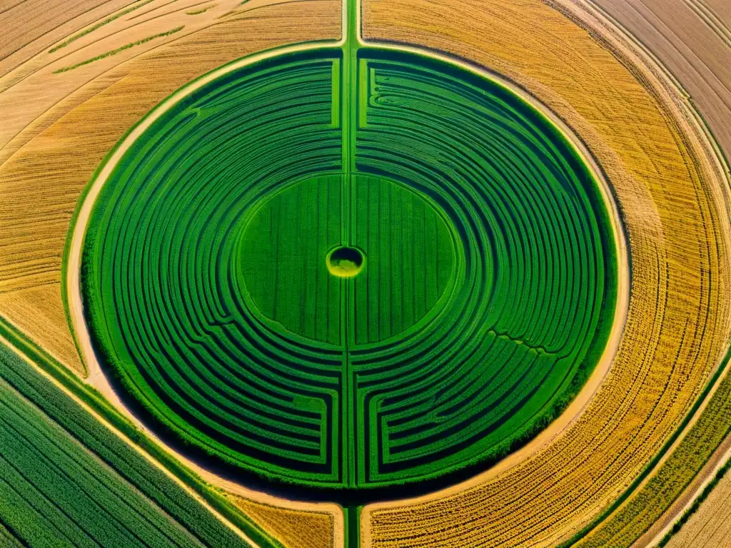 Un misterioso diseño de crop circles en un campo de trigo, rodeado de curiosos