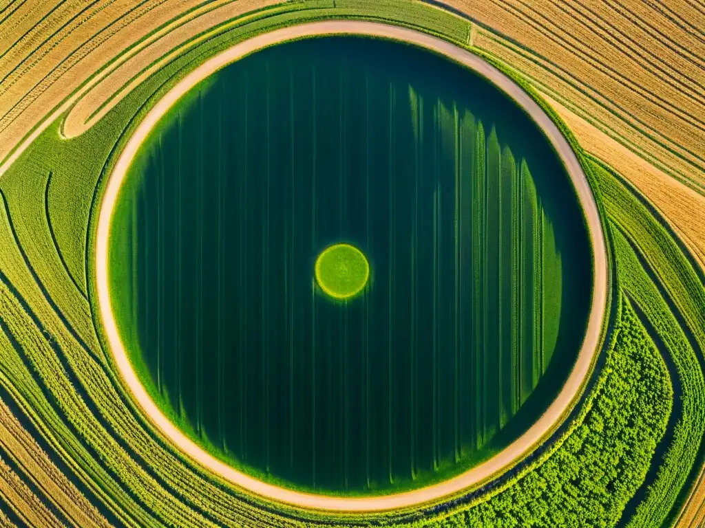 Misterioso diseño geométrico en campo verde iluminado por el sol