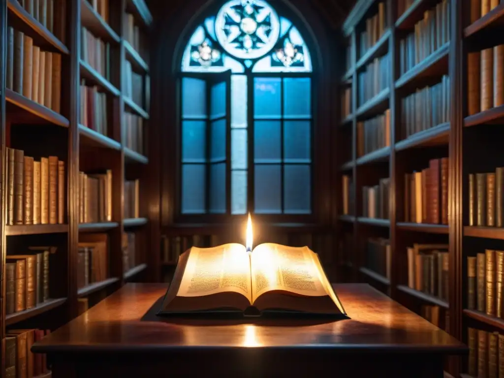 Un misterioso y encantador rincón de una biblioteca iluminada por una vela, con libros antiguos de símbolos en sus lomos