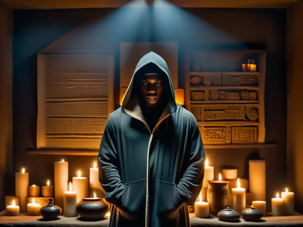 Un misterioso encapuchado entre antiguos pergaminos y frascos en una habitación iluminada por velas, símbolos de magia negra sociedades secretas