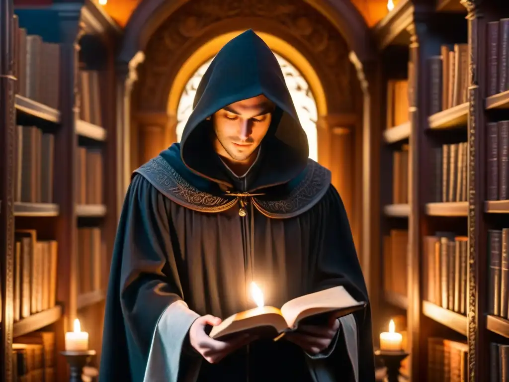 Un misterioso encapuchado en una biblioteca antigua, sugiriendo la influencia de sociedades secretas en decisiones económicas