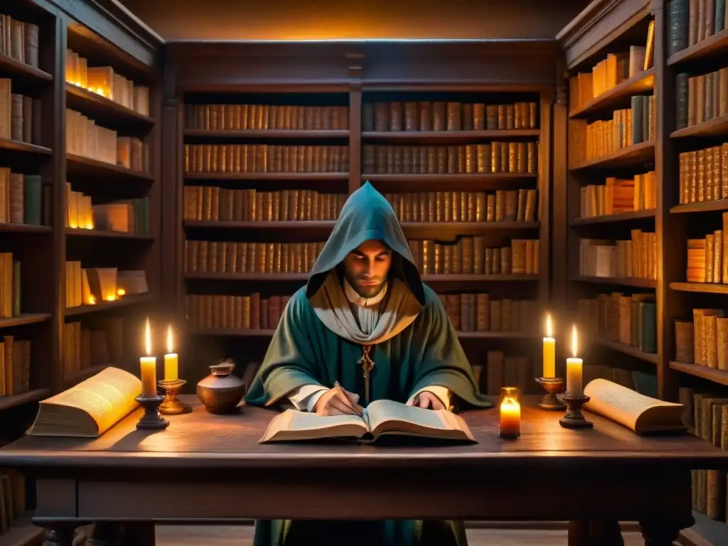 Un misterioso encapuchado estudia un manuscrito iluminado en una antigua biblioteca repleta de tomos polvorientos y luz de velas titilantes