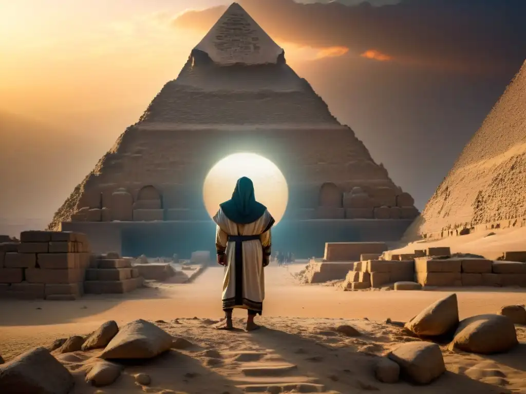 Un misterioso encapuchado entre las ruinas de la Gran Pirámide de Giza al anochecer, iluminado por un misterioso orbe brillante