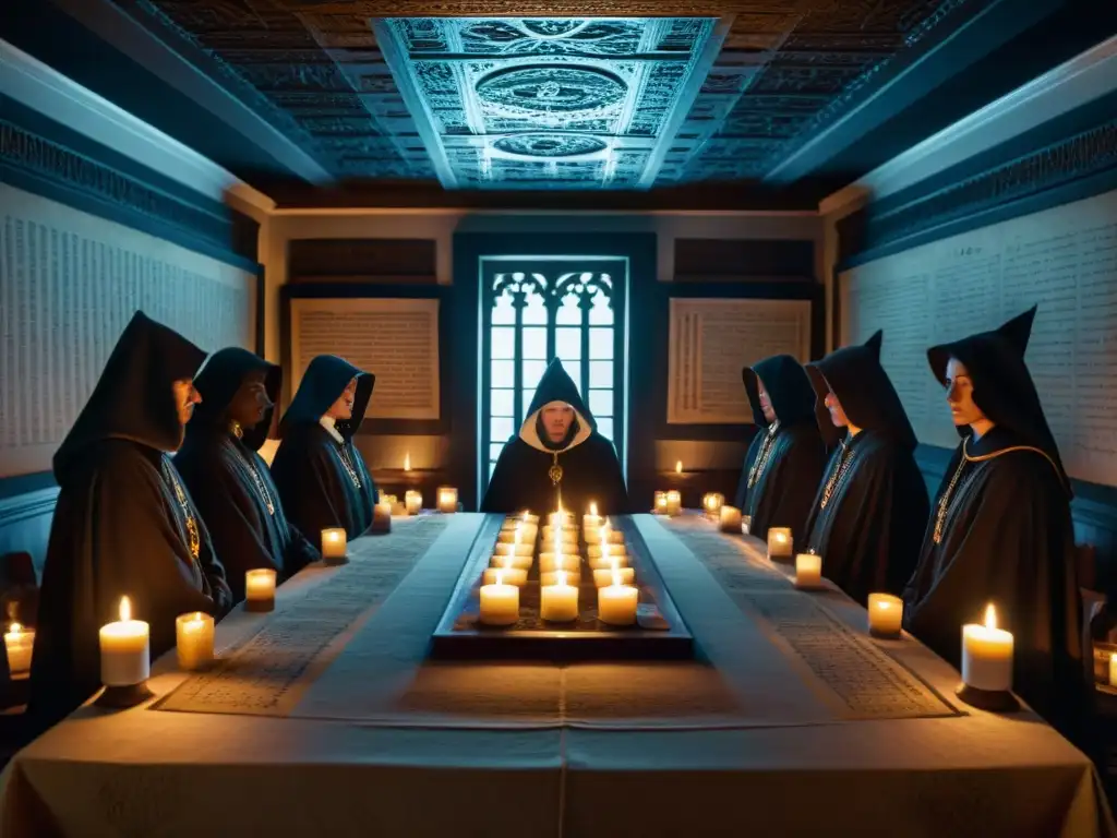 Un misterioso encuentro en una sala de sociedad secreta, con individuos en túnicas alrededor de una mesa llena de artefactos