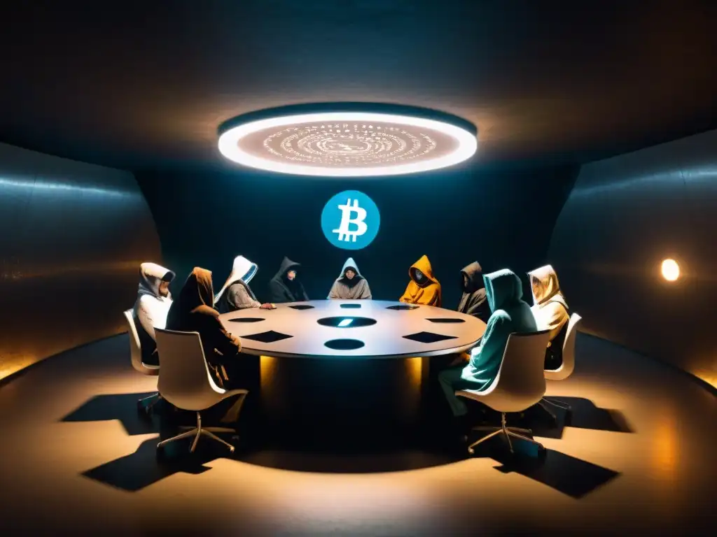 Un misterioso encuentro en una sala subterránea iluminada débilmente, con criptomonedas físicas y figuras en capuchas