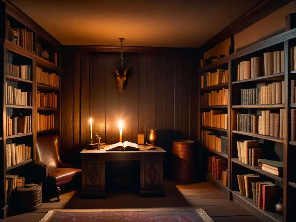 Un misterioso escenario en una biblioteca llena de secretos y símbolos antiguos, iluminada por una vela titilante