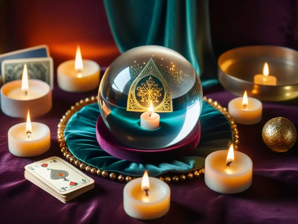 Un misterioso escenario de esoterismo con una bola de cristal rodeada de velas encendidas y cartas de tarot