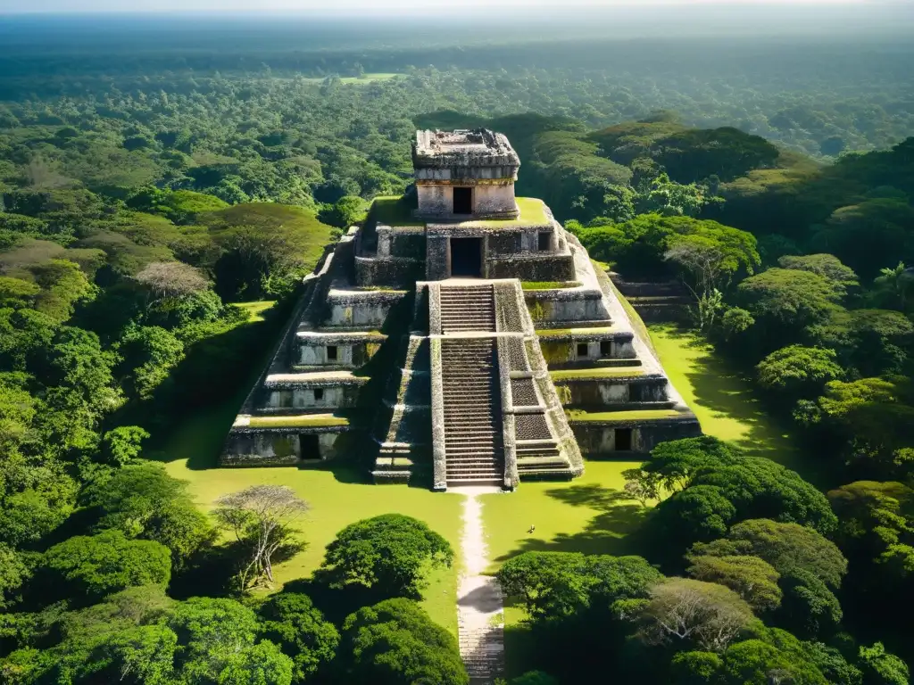 Misteriosa ciudad maya: ruinas ancestrales y selva exuberante Misterioso esplendor de la civilización Maya revelado en ruinas rodeadas por la densa selva