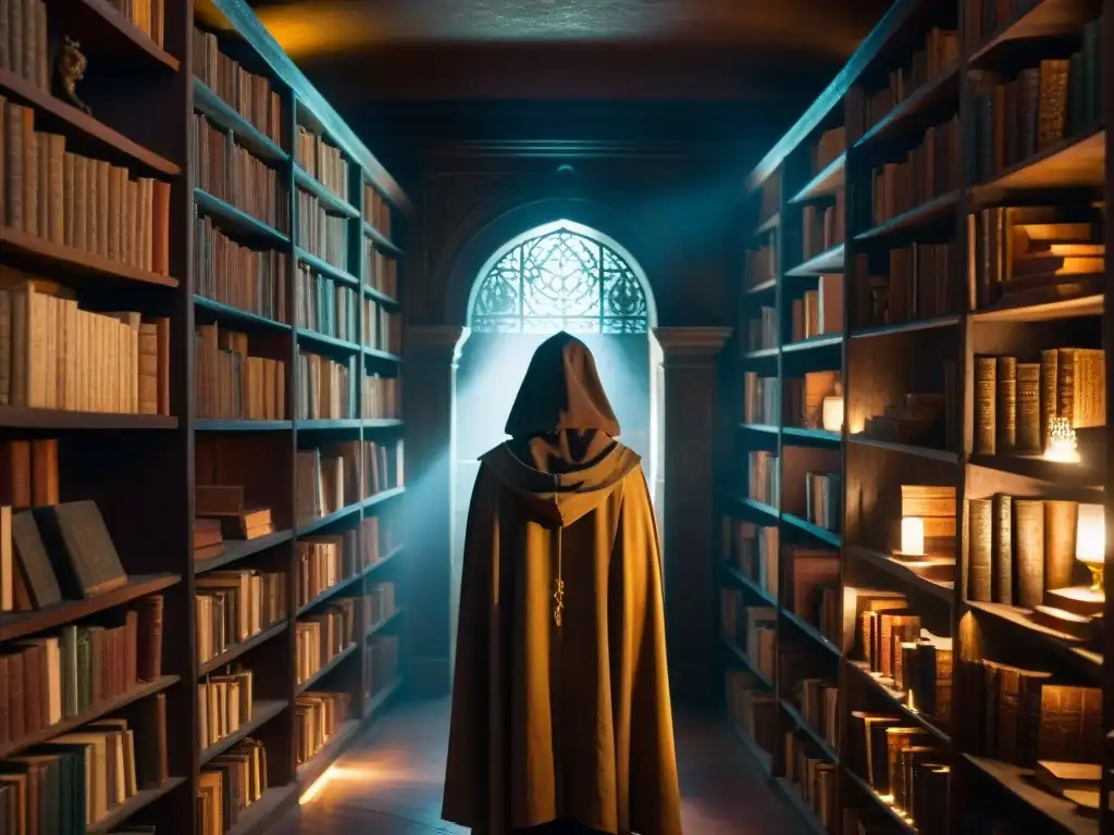 Misteriosa biblioteca con 'Los Secretos de los Rosacruces' Un misterioso estudio en una antigua biblioteca con libros polvorientos sobre arte y literatura, influencia rosacruces arte literatura oculto