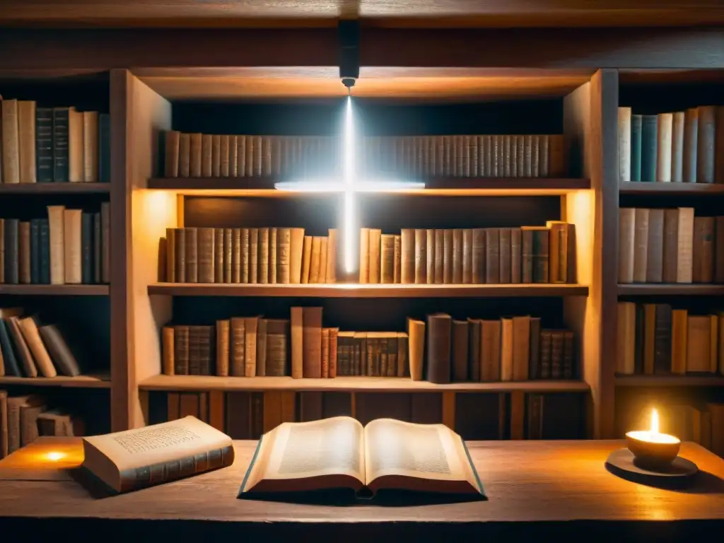 Libro de Kabbalah: misterio y sabiduría ancestral Un misterioso estudio iluminado por un rayo de luz, lleno de antiguos libros sobre la Cábala