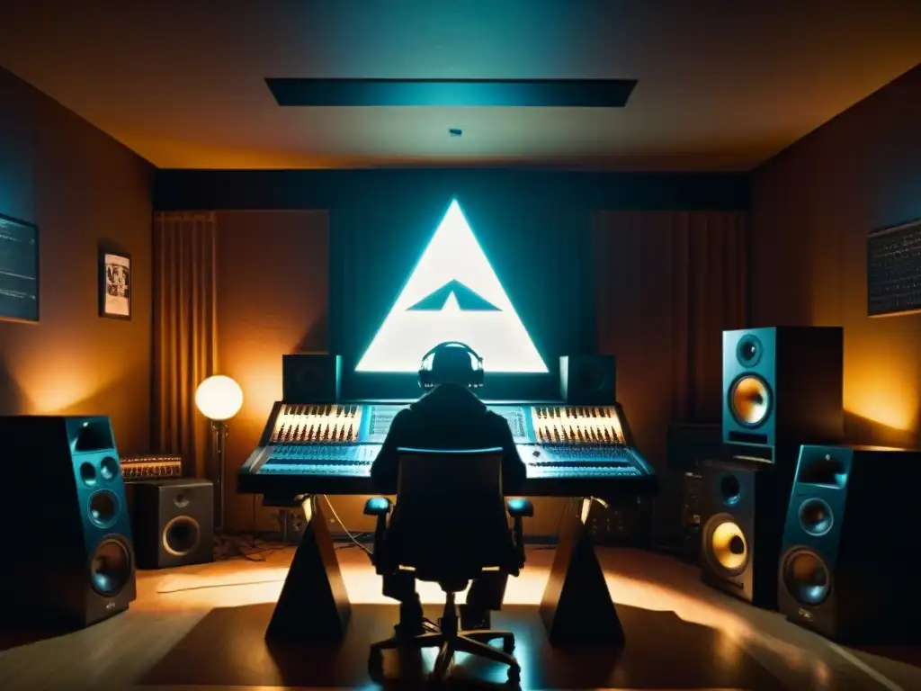 Un misterioso estudio de grabación iluminado débilmente con símbolos ocultos de los Illuminati en la industria musical