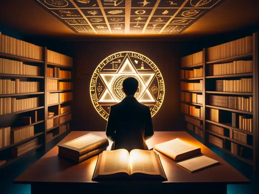 Un misterioso estudio de tecnología con libros antiguos y símbolos, evocando la influencia de los Illuminati en tecnología