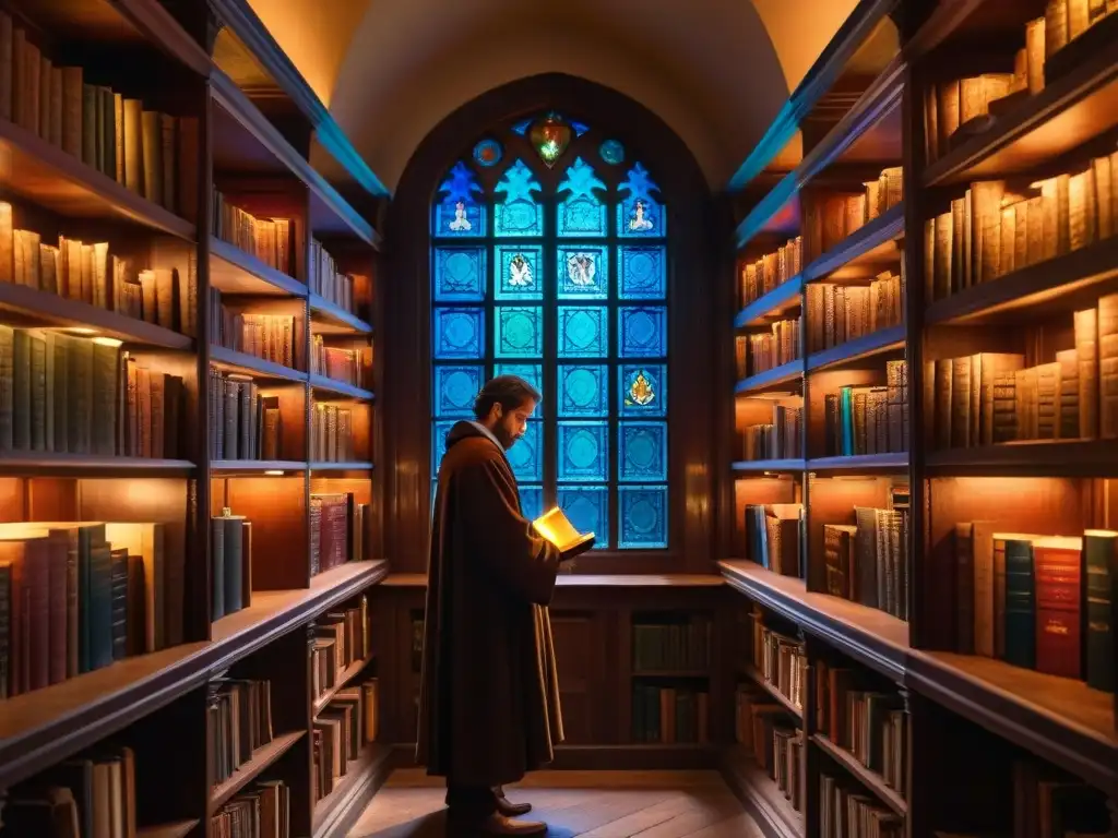 Un misterioso y evocador escenario en una biblioteca antigua, con un personaje leyendo en penumbra