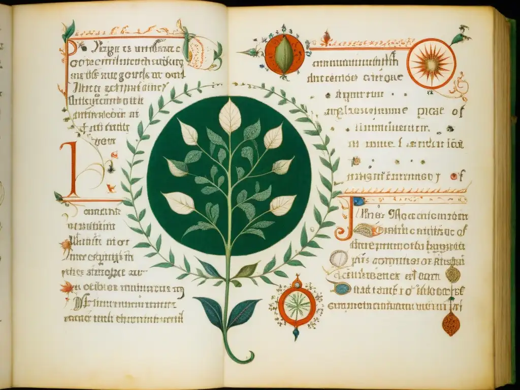 Un misterioso fragmento del Manuscrito Voynich con ilustraciones botánicas, símbolos encriptados y texto antiguo, envuelto en una luz etérea