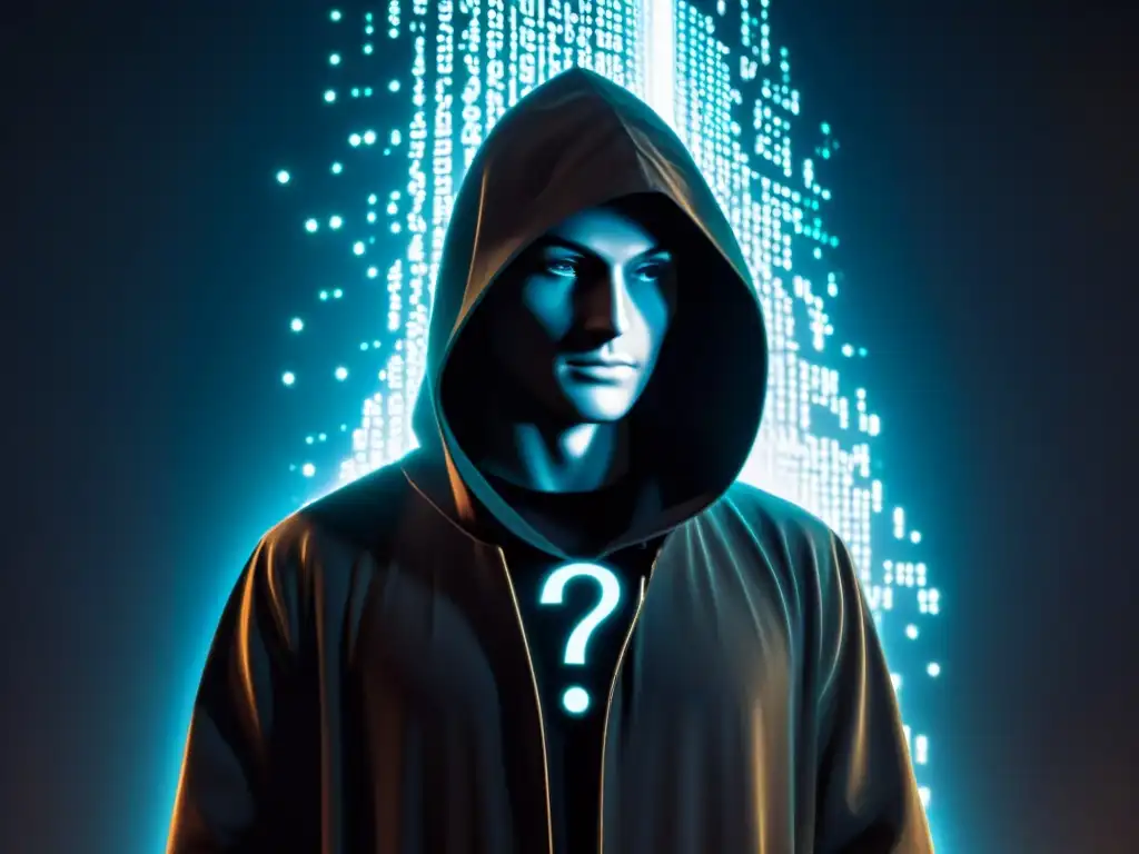 Figura misteriosa frente a código Ethereum Un misterioso ser encapuchado frente a una pantalla brillante de códigos, simbolizando el impacto de las criptomonedas en sociedades secretas