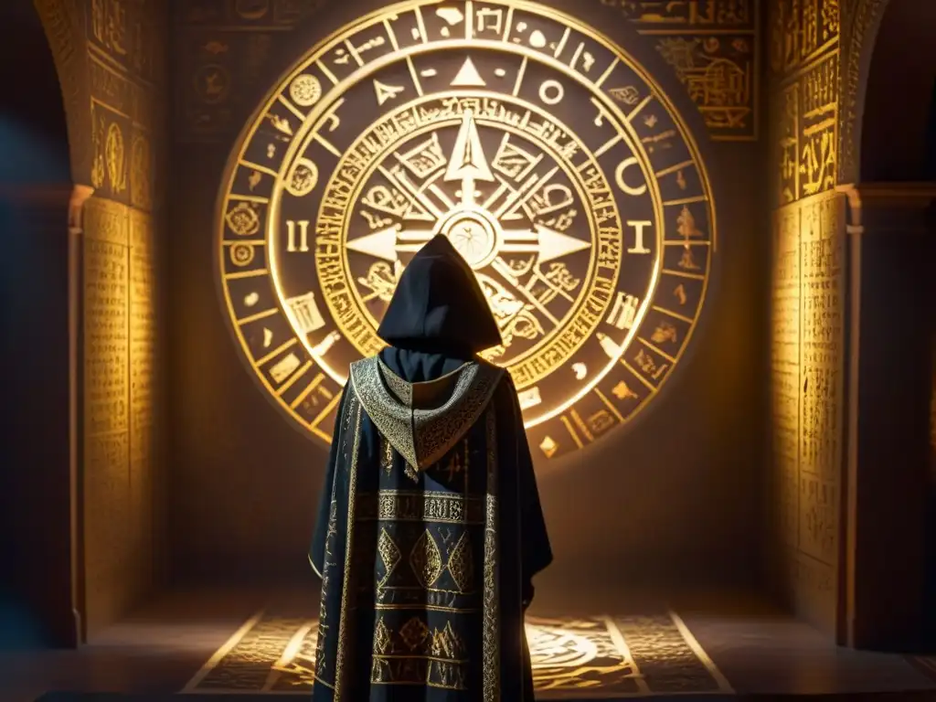 Un misterioso ser en una habitación llena de artefactos antiguos y símbolos de sociedades secretas, bañado en luz dorada