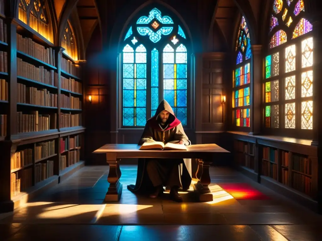 Un misterioso individuo en una antigua biblioteca, con libros polvorientos y pergaminos, revelando secretos de sociedades secretas