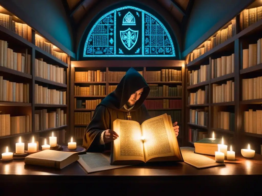 En el misterioso interior de una biblioteca iluminada por velas, un individuo estudia un manuscrito iluminado con símbolos antiguos y texto críptico