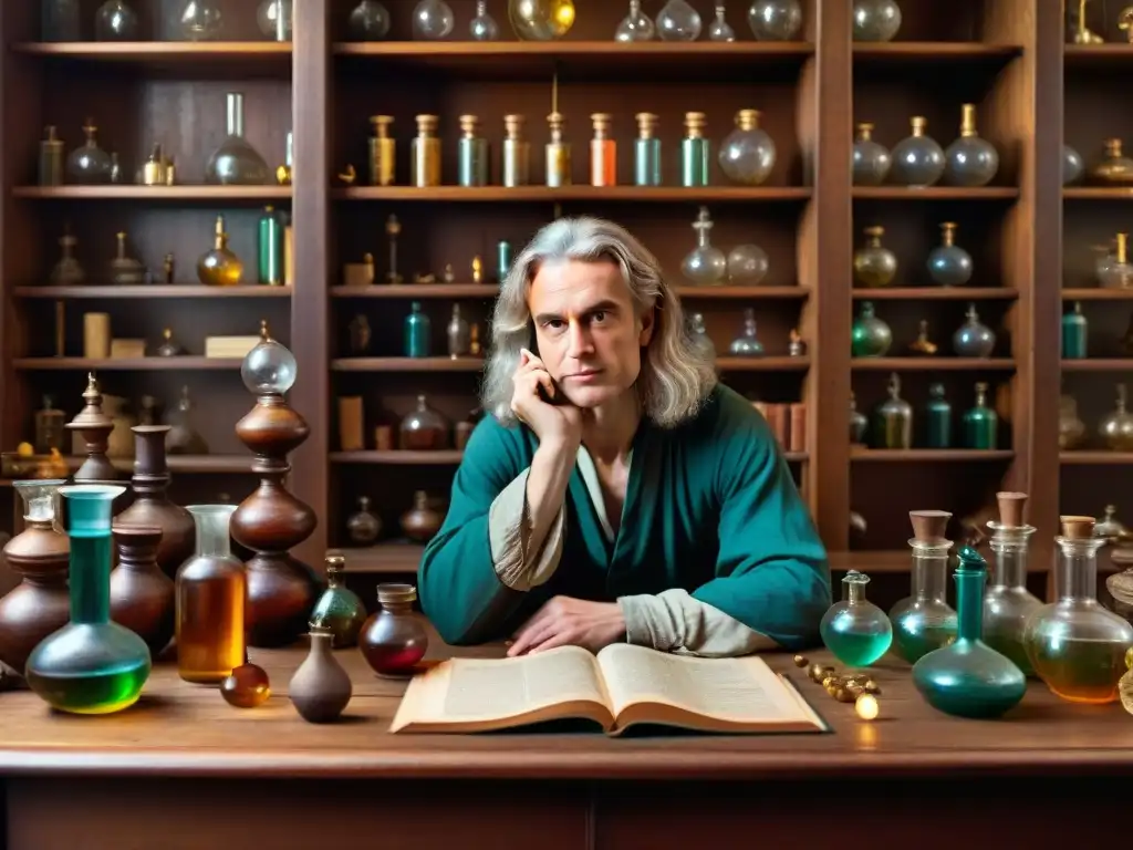 En el misterioso laboratorio de Isaac Newton, rodeado de manuscritos antiguos y líquidos coloridos, el científico reflexiona en silencio