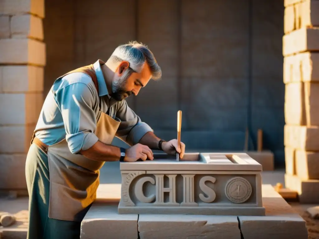 Un misterioso maestro albañil tallando símbolos en una piedra angular, rodeado de herramientas, en un escenario de construcción histórica al atardecer