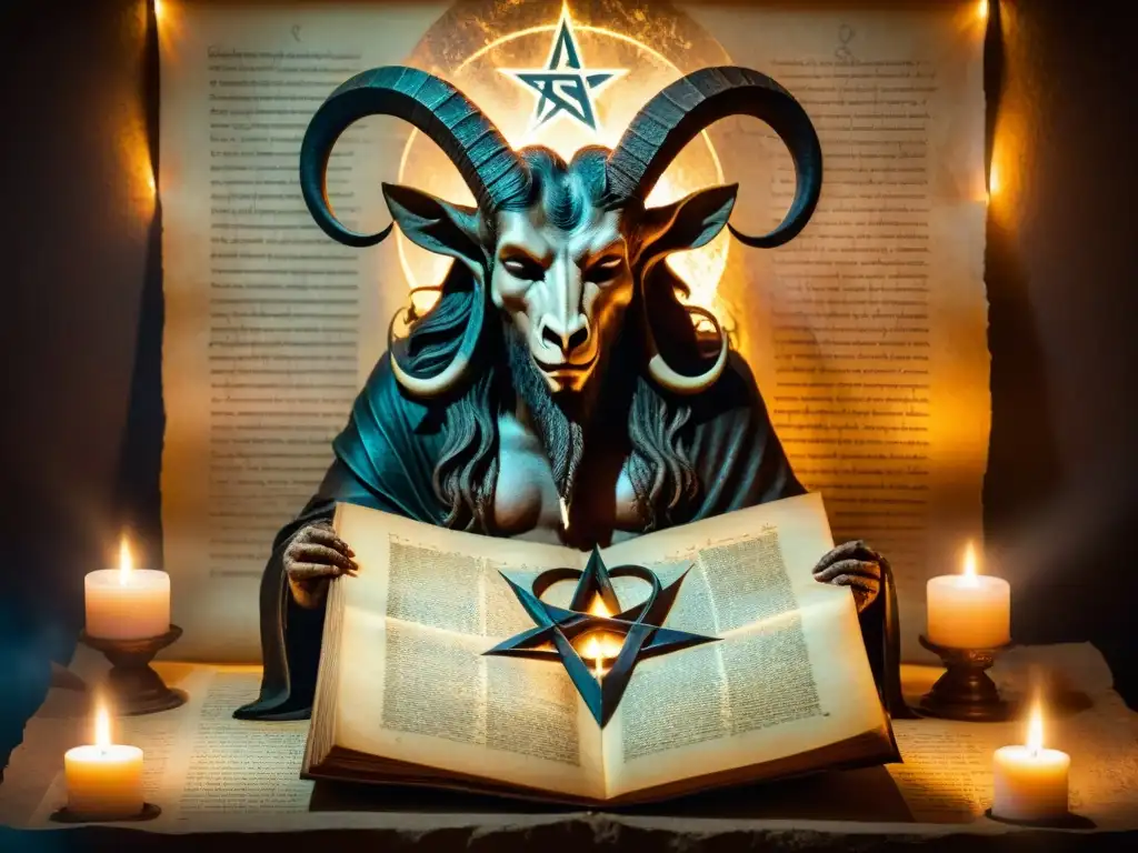 Misterioso manuscrito antiguo de Baphomet iluminado por velas en una habitación tenue