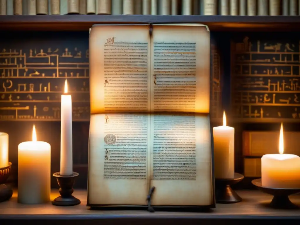 Misterioso manuscrito antiguo iluminado por velas en una habitación tenue, rodeado de libros antiguos