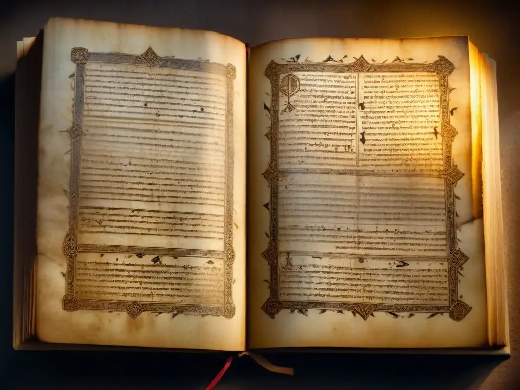 Misterioso manuscrito antiguo con símbolos intrincados en penumbra