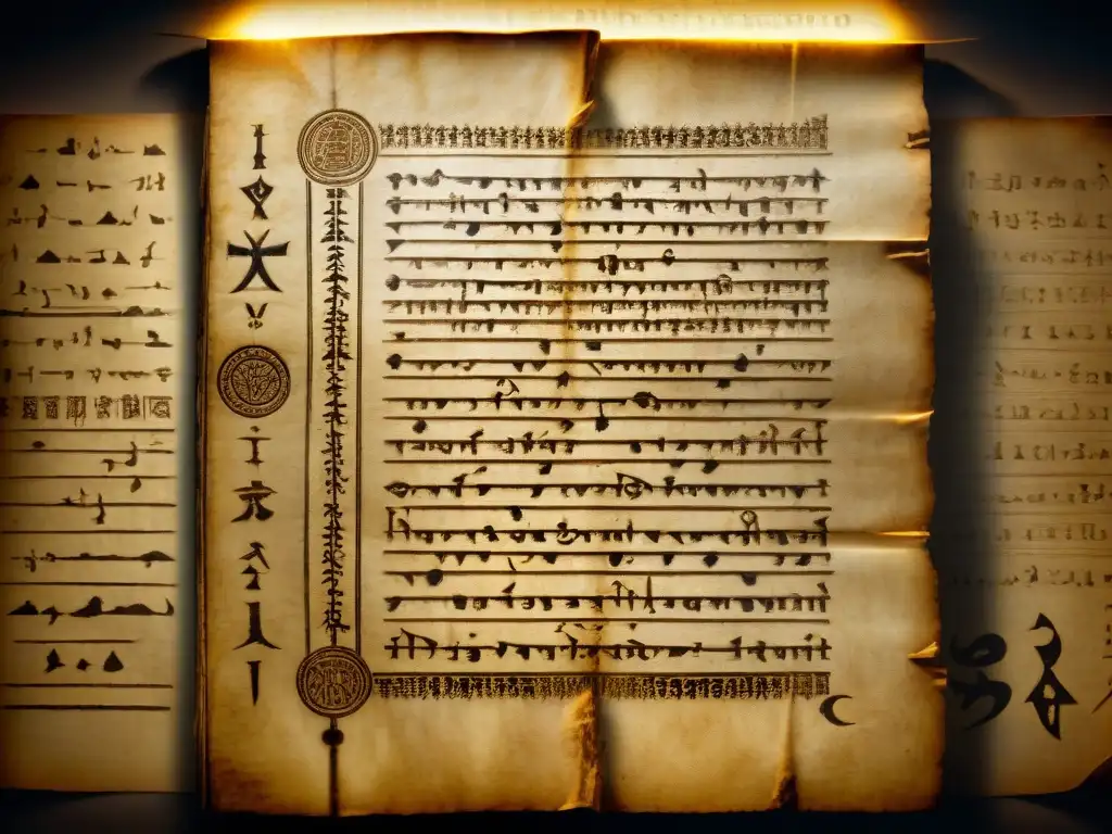 Misterioso manuscrito antiguo con símbolos intrincados y mensajes ocultos, iluminado en penumbra