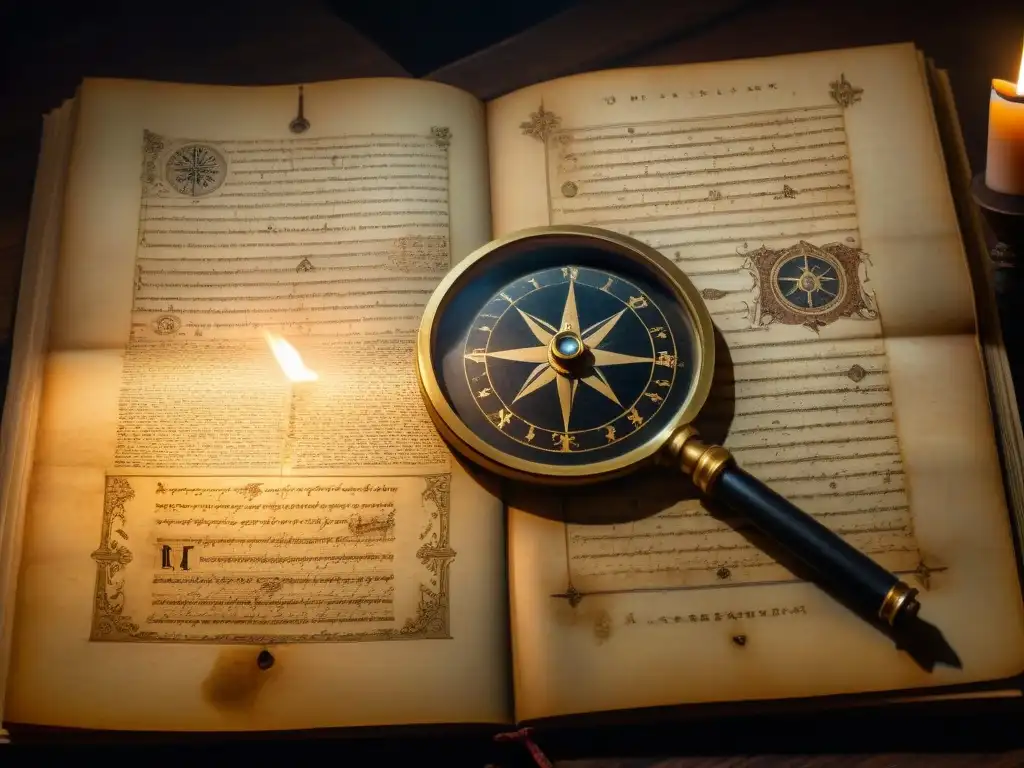 Un misterioso manuscrito desgastado con símbolos y arte intrincados, iluminado por una tenue luz de vela en una habitación oscura y polvorienta