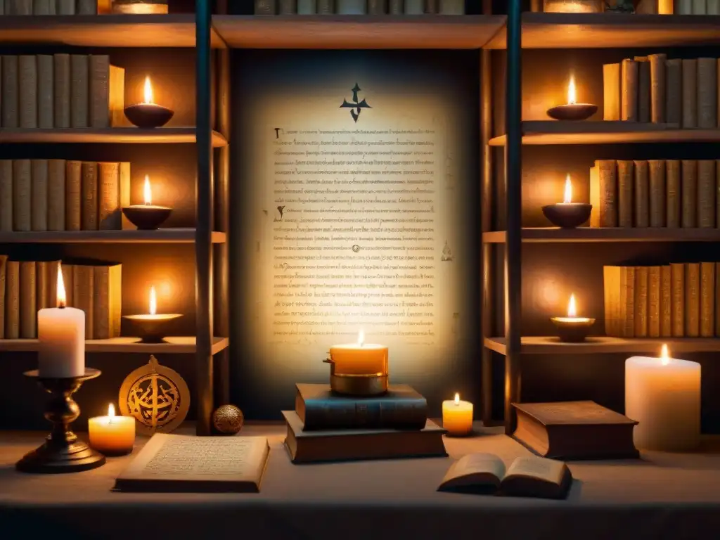 Un misterioso manuscrito iluminado por una vela en una habitación llena de libros antiguos y artefactos místicos