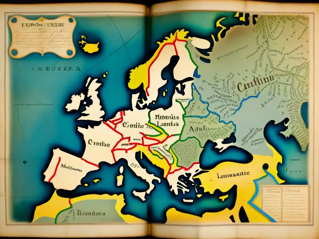 Un misterioso mapa europeo del siglo XVIII con anotaciones y símbolos, donde una figura en la sombra observa con una lupa