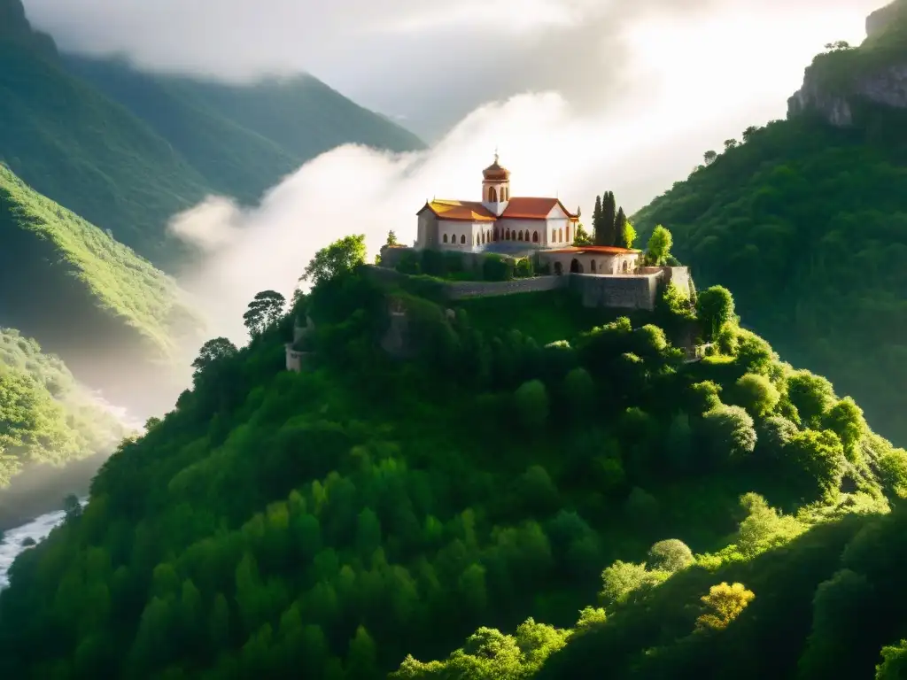 Misterioso monasterio antiguo en la cima de la montaña neblinosa, iluminado por el sol