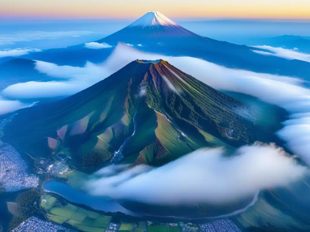 El misterioso Monte Fuji envuelto en neblina matutina, con el sol dorado emergiendo detrás